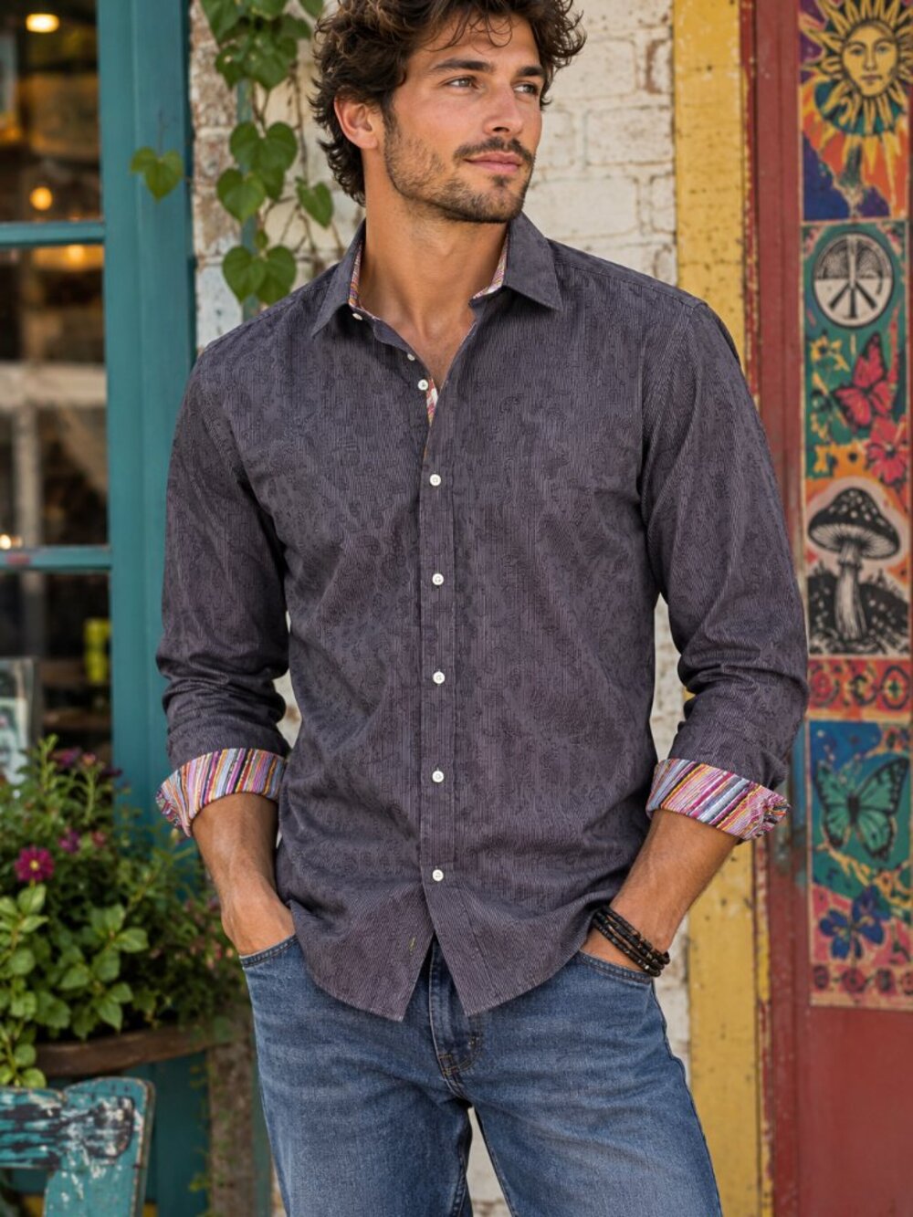 TailorByrd Men’s Medium Button Down Shirt Dark Gray Paisley Stripe Multicolor Li